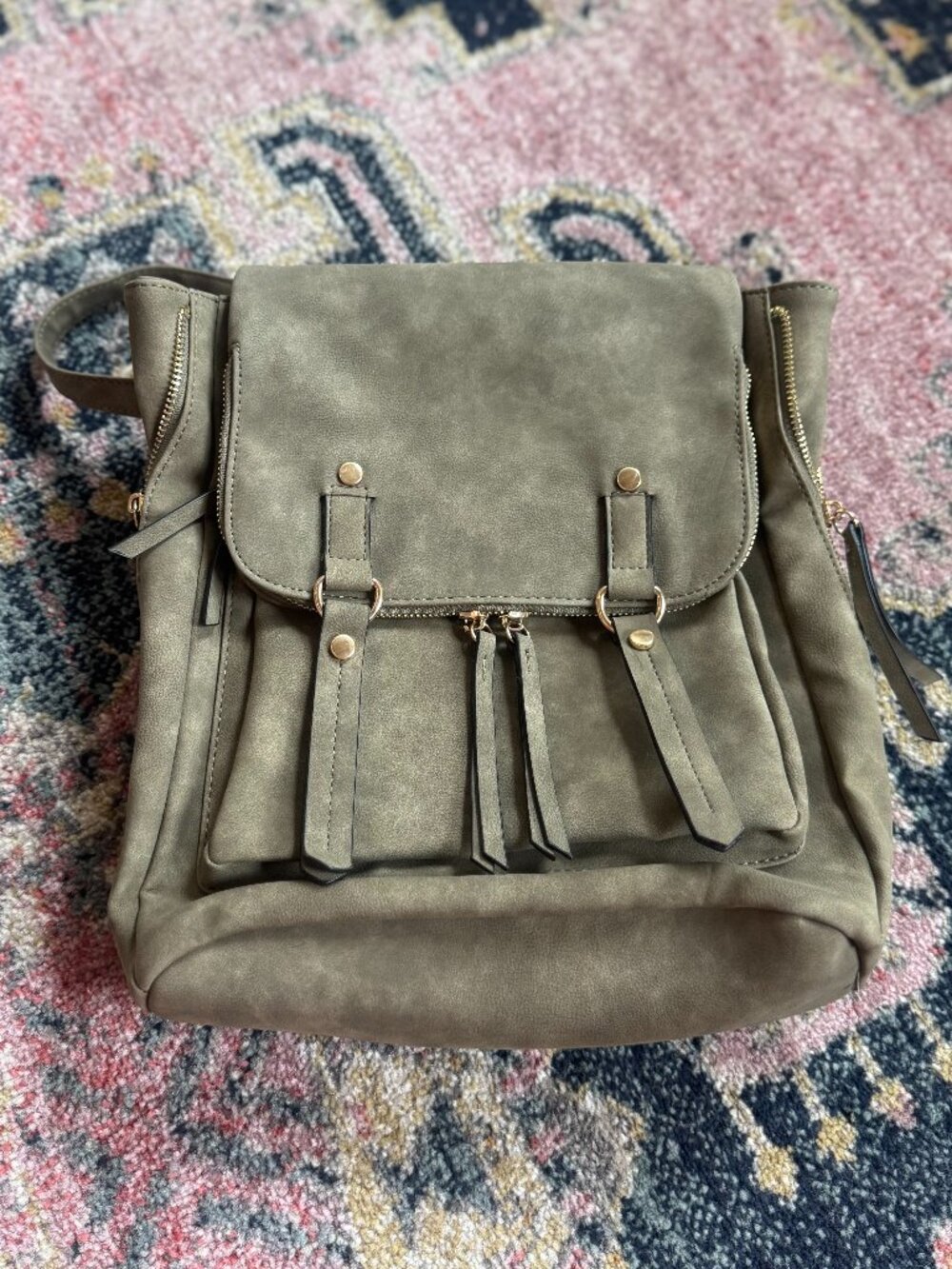Olive Green Faux Leather Backpack with Gold Hardware